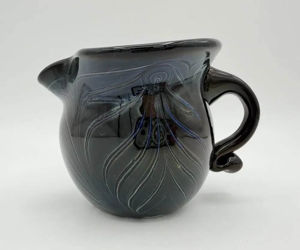 Hand Blown Black Glass Creamer Pitcher 3” Pulled Feather Design Signed Dated ‘72